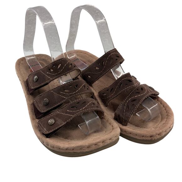 Earth Spirit Gelron Brown Tan Leather Hook Loop Adjustable Platform Slide Sandal - Picture 1 of 11